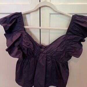 Ruffle sleeve, v-neck top, Navy